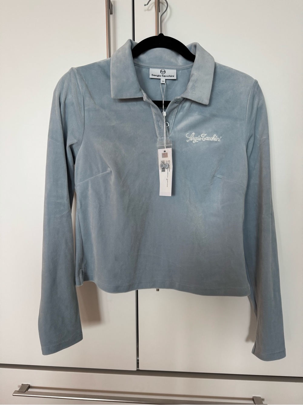 Sergio Tacchini Pale Blue Velour Polo with Script Embroidery